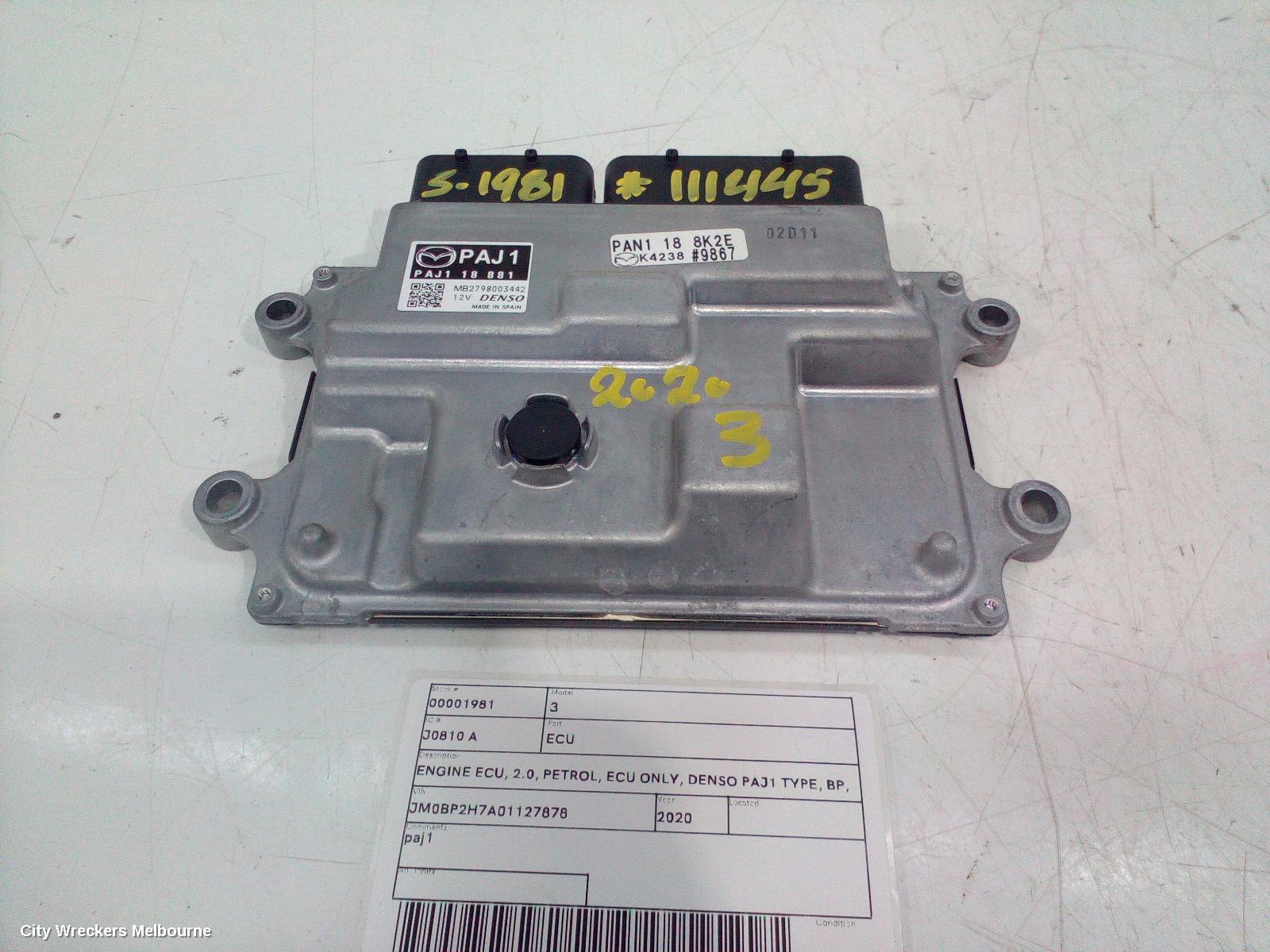 MAZDA 3 ECU, ENGINE ECU, 2.0, PETROL, ECU ONLY, DENSO PAJ1 TYPE, BP, 03/2019 ONWARDS - Image 1