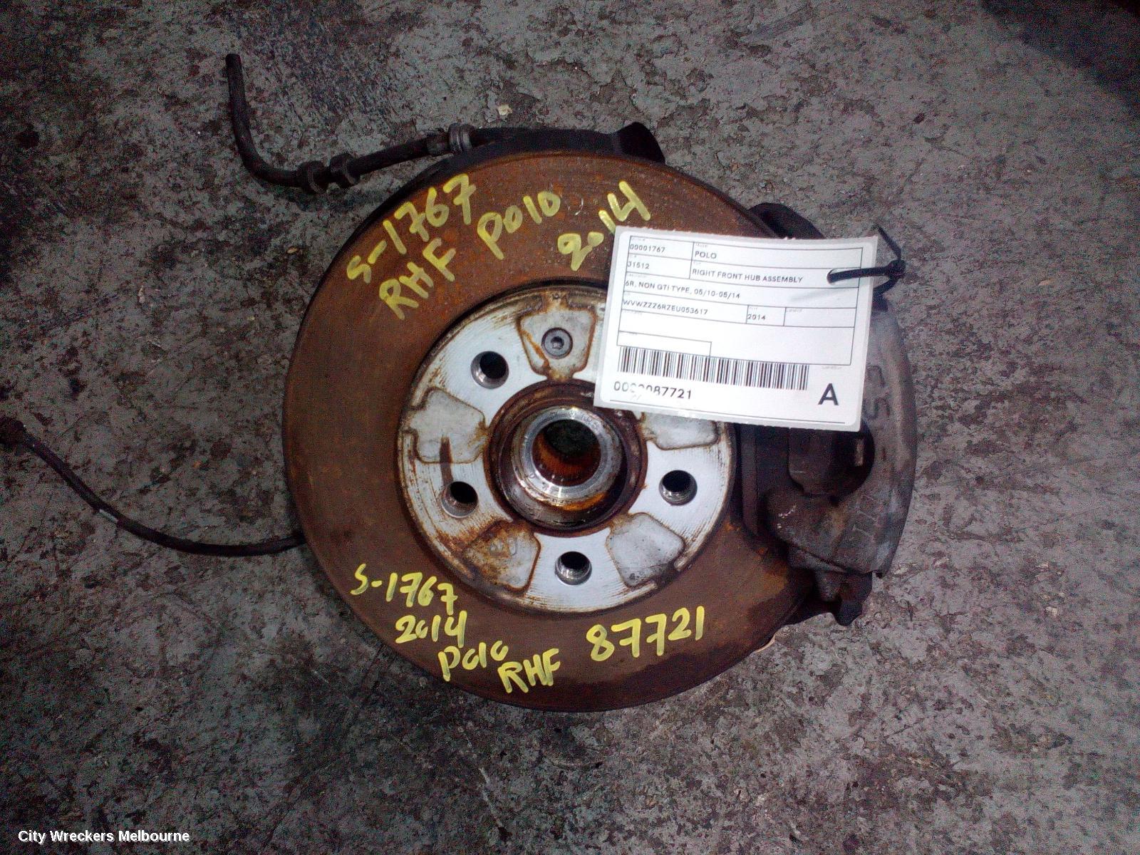 VOLKSWAGEN POLO RIGHT FRONT HUB ASSEMBLY, 6R, NON GTI TYPE, 05/2010 - 05/2014 - Image 1
