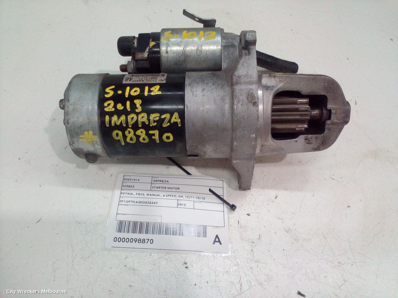 SUBARU IMPREZA STARTER, PETROL, FB20, MANUAL, 6 SPEED, G4, 12/2011 - 10/2016 - Image 1