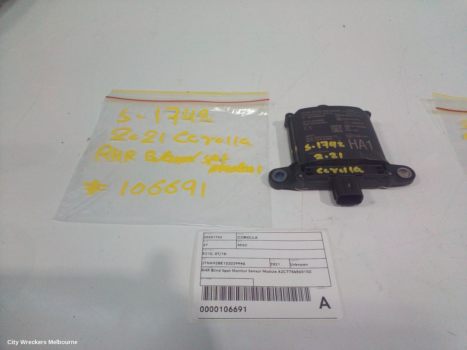 TOYOTA COROLLA, E210, 07/2018 ONWARDS, RHR BLIND SPOT MONITOR SENSOR MODULE A2C7756860100: 106691 - Image 1