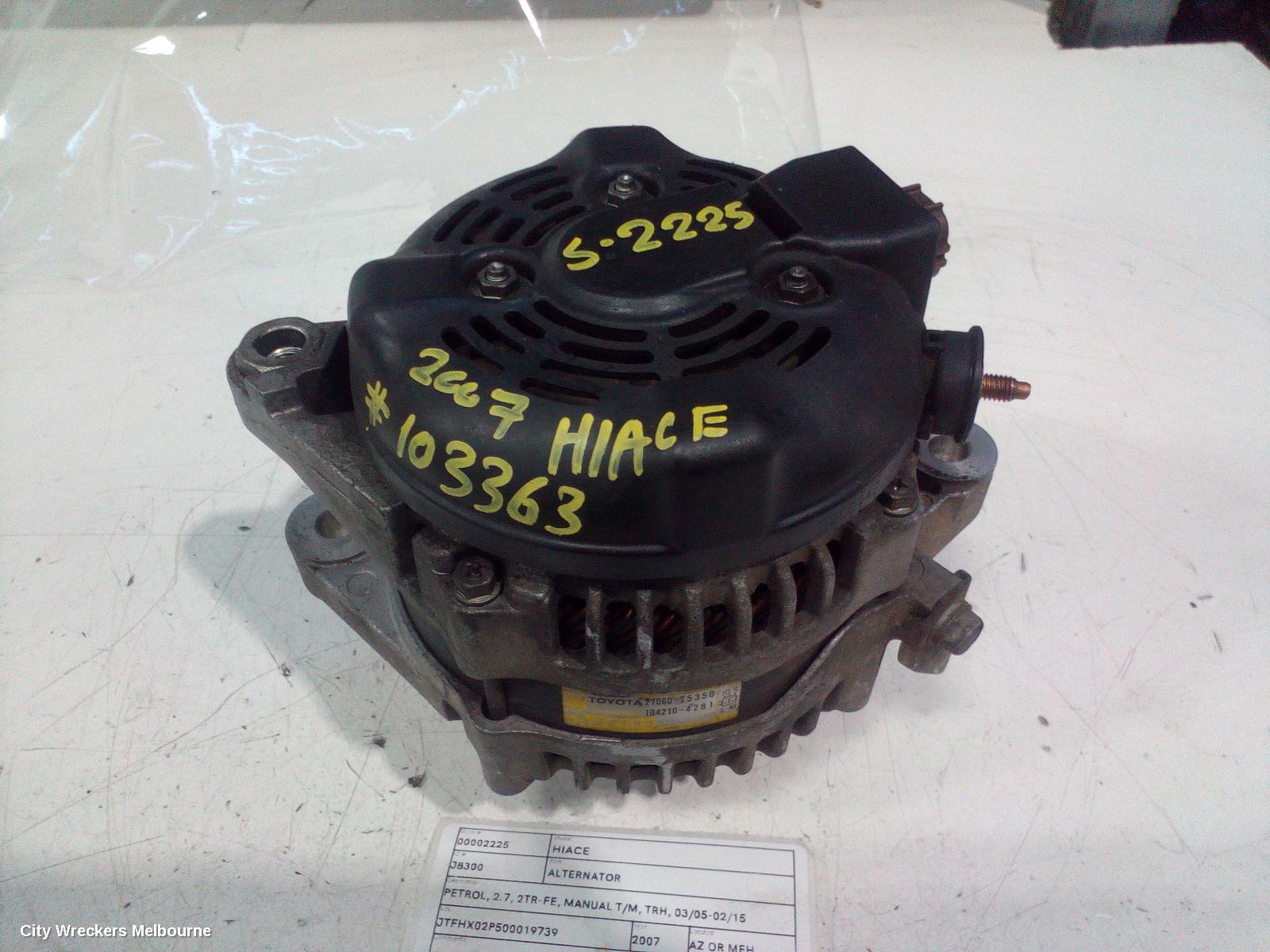 TOYOTA HIACE ALTERNATOR, PETROL, 2.7, 2TR-FE, MANUAL T/M, TRH, 03/2005 - 02/2015 - Image 1