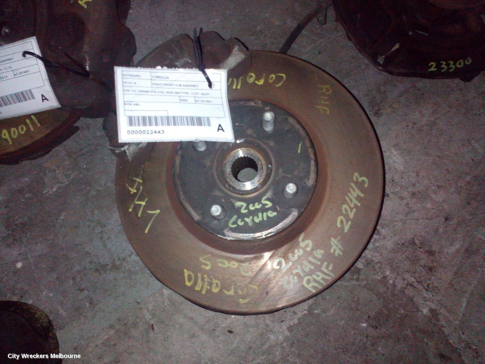 TOYOTA COROLLA RIGHT FRONT HUB ASSEMBLY, ZZE122 (JAPAN-VIN JTD), NON ABS TYPE, 12/2001 - 06/2007 - Image 1