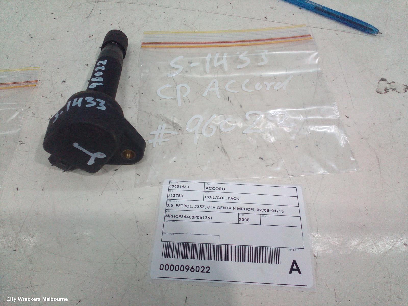 HONDA ACCORD COIL/COIL PACK, 3.5, PETROL, J35Z, 8TH GEN (VIN MRHCP), 02/2008 - 04/2013 - Image 1