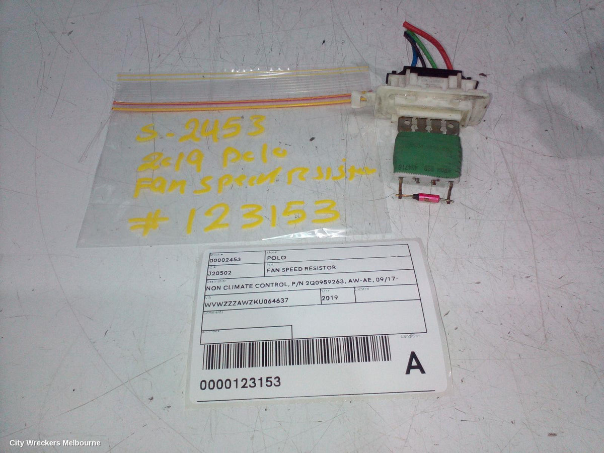 VOLKSWAGEN POLO FAN SPEED RESISTOR, NON CLIMATE CONTROL, P/N 2Q0959263, AW-AE, 09/2017 ONWARDS - Image 1