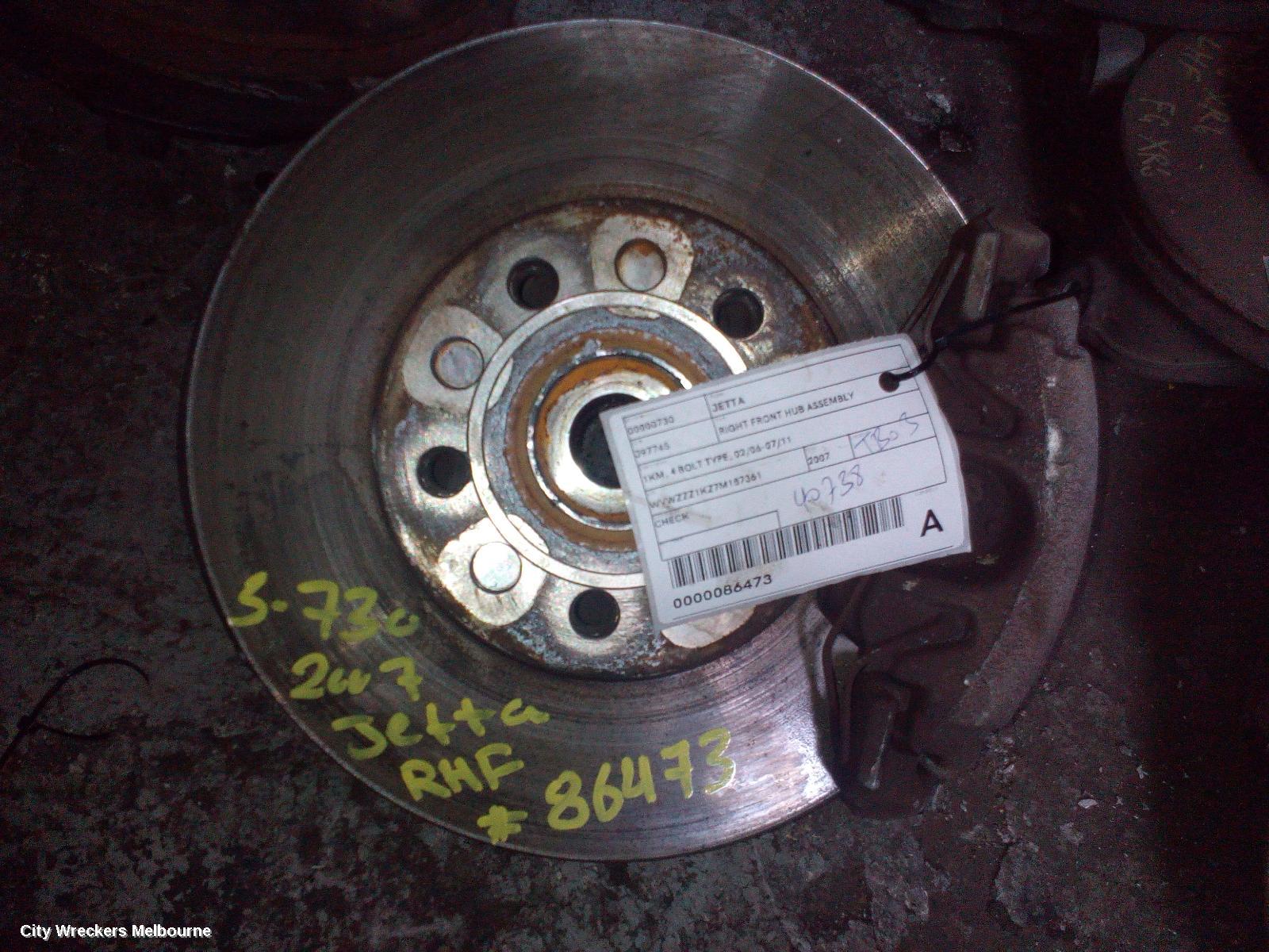 VOLKSWAGEN JETTA RIGHT FRONT HUB ASSEMBLY, 1KM, 4 BOLT TYPE, 02/2006 - 07/2011 - Image 1