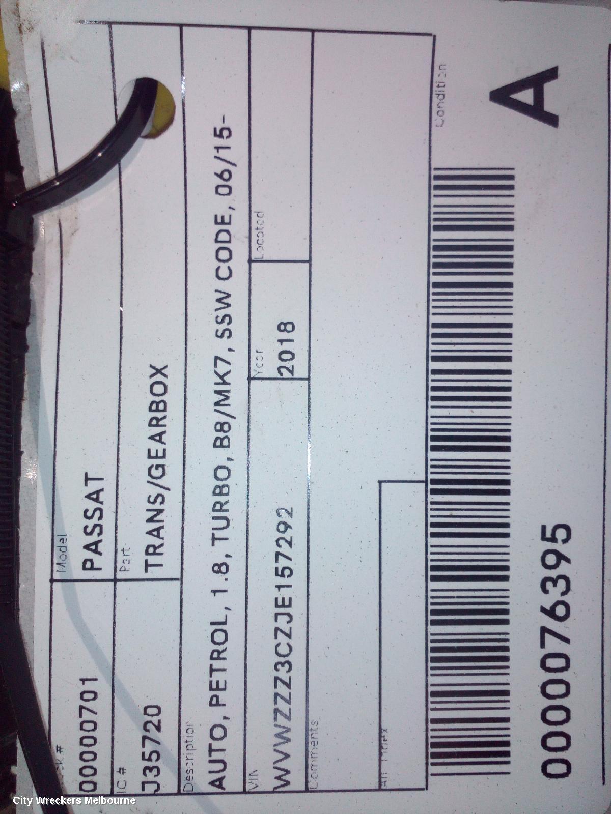 VOLKSWAGEN PASSAT TRANS/GEARBOX, AUTO, PETROL, 1.8, TURBO, B8/MK7, SSW CODE, 06/2015 - 10/2019 - Image 2