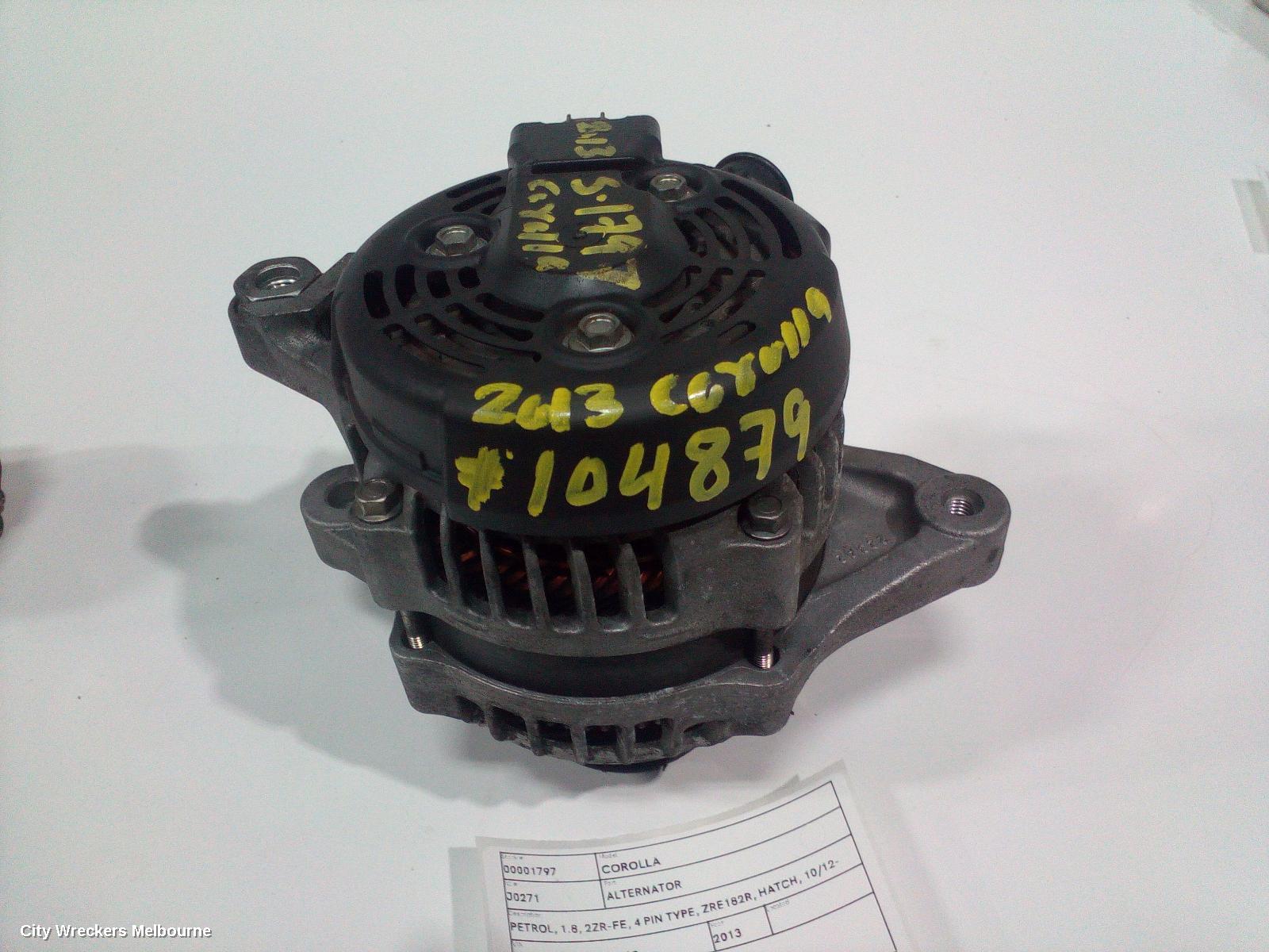 TOYOTA COROLLA ALTERNATOR, PETROL, 1.8, 2ZR-FE, 4 PIN TYPE, ZRE182R, HATCH, 10/2012 - 03/2015 - Image 1