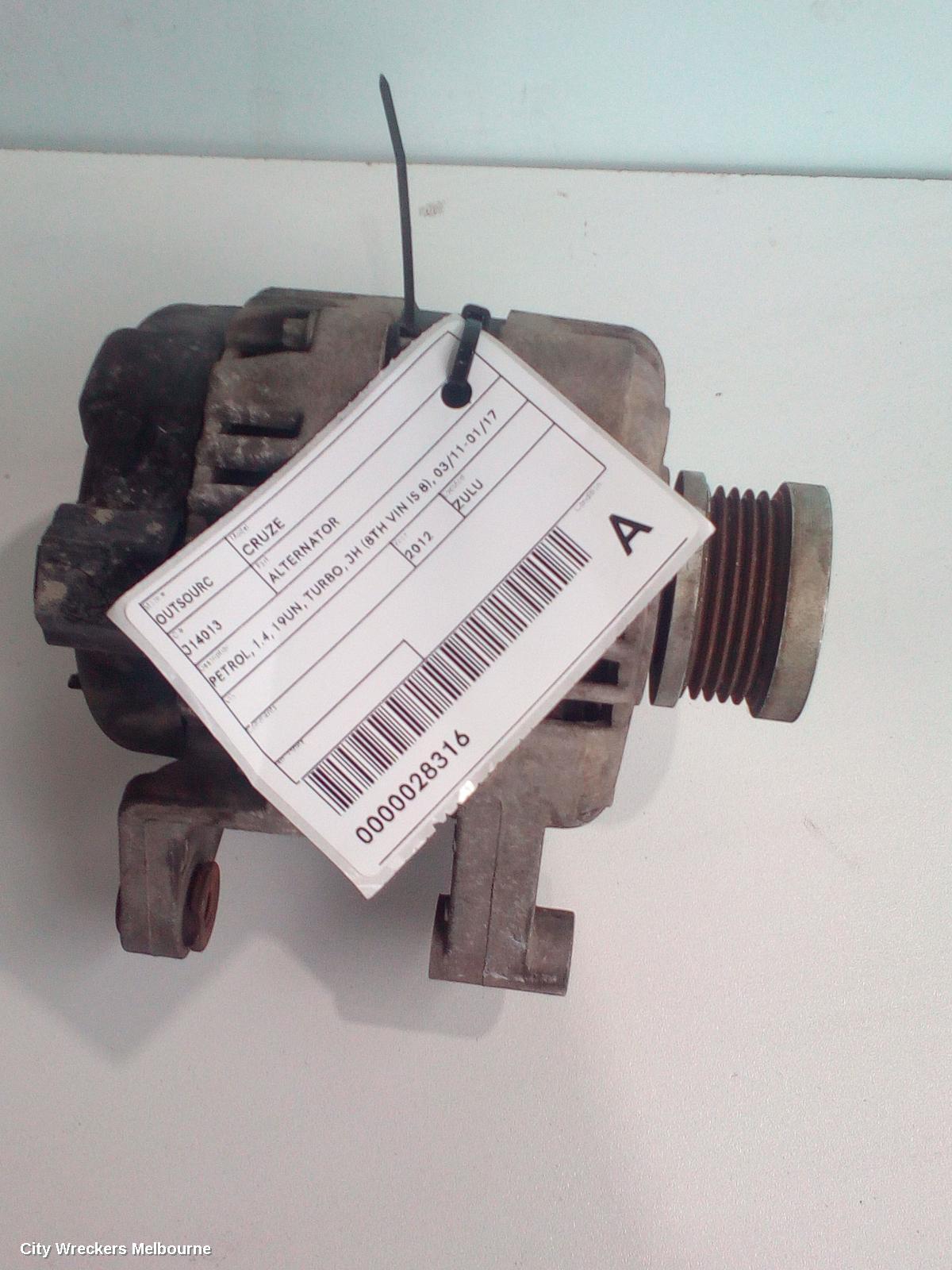 HOLDEN CRUZE ALTERNATOR, PETROL, 1.4, 19UN, TURBO, JH (8TH VIN IS 8), 03/2011 - 01/2017 - Image 1
