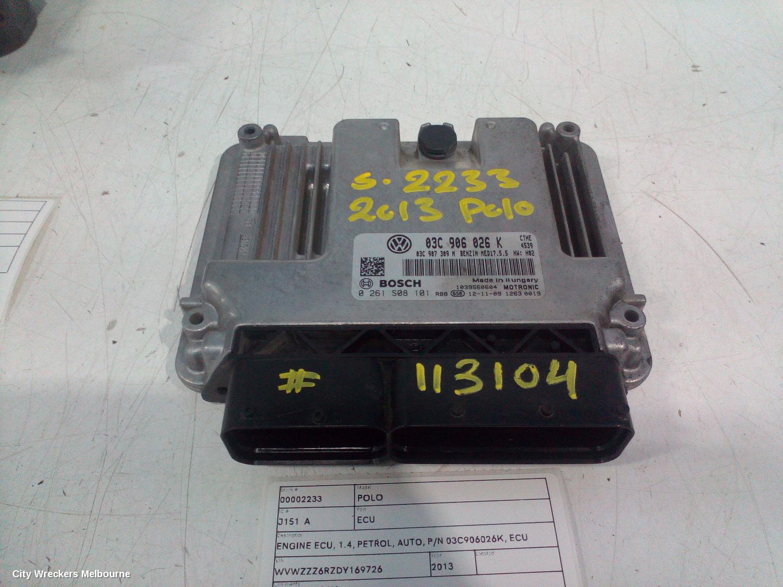 VOLKSWAGEN POLO ECU, ENGINE ECU, 1.4, PETROL, AUTO, P/N 03C906026K, ECU ONLY, 6R, 05/2010 ONWARDS - Image 1