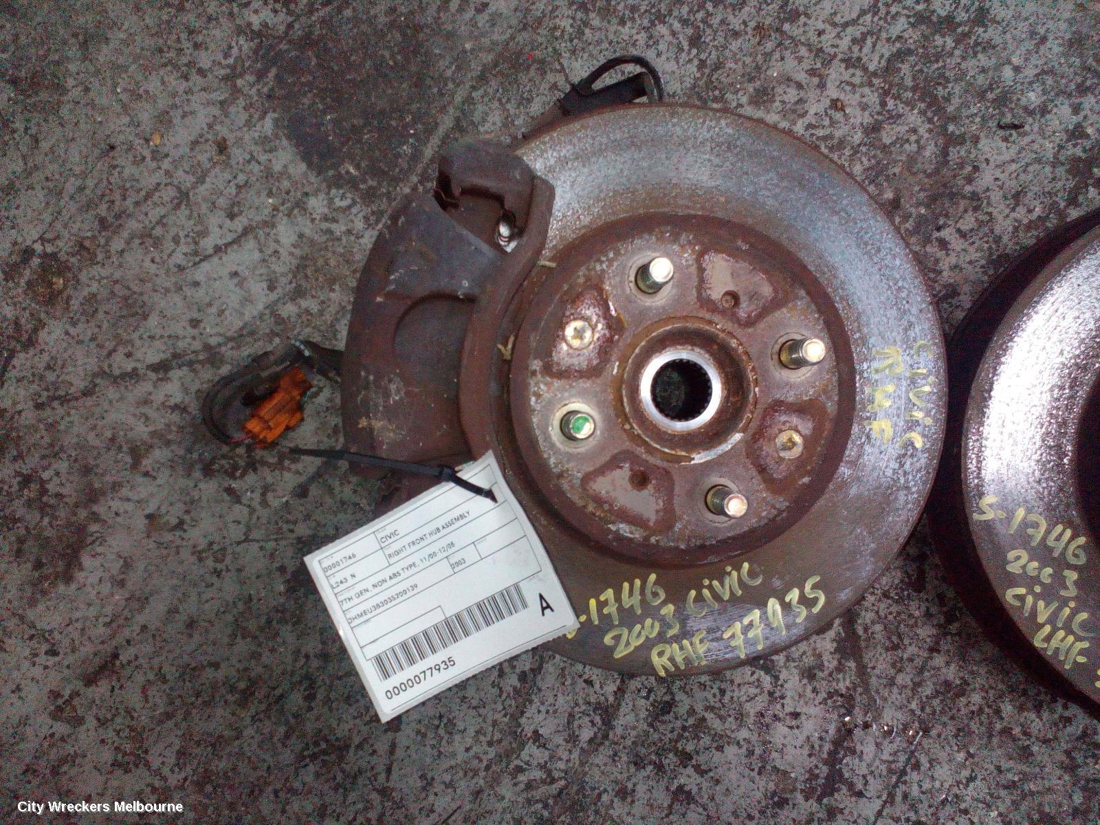 HONDA CIVIC RIGHT FRONT HUB ASSEMBLY, 7TH GEN, NON ABS TYPE, 11/2000 - 12/2005 - Image 1