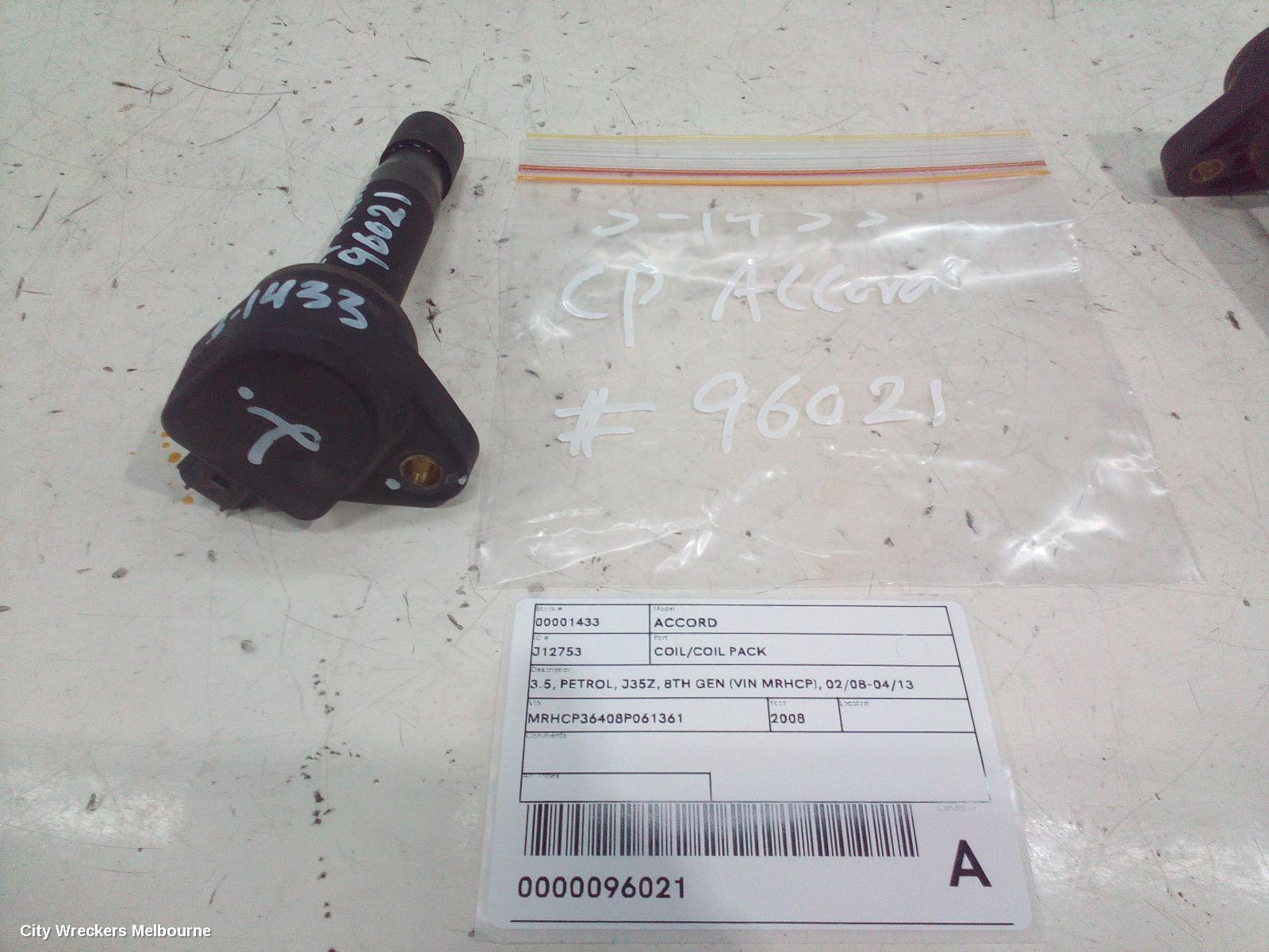 HONDA ACCORD COIL/COIL PACK, 3.5, PETROL, J35Z, 8TH GEN (VIN MRHCP), 02/2008 - 04/2013 - Image 1