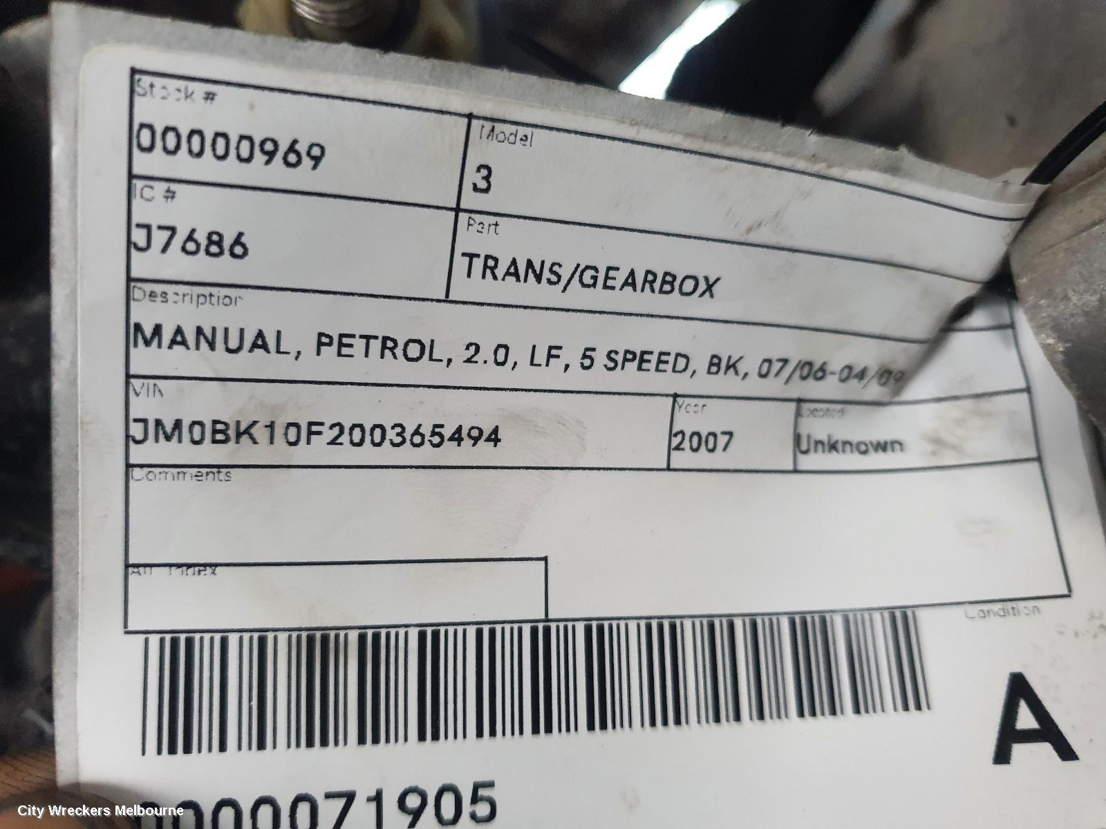 MAZDA 3 TRANS/GEARBOX, MANUAL, PETROL, 2.0, LF, 5 SPEED, BK, 07/2006 - 04/2009 - Image 1