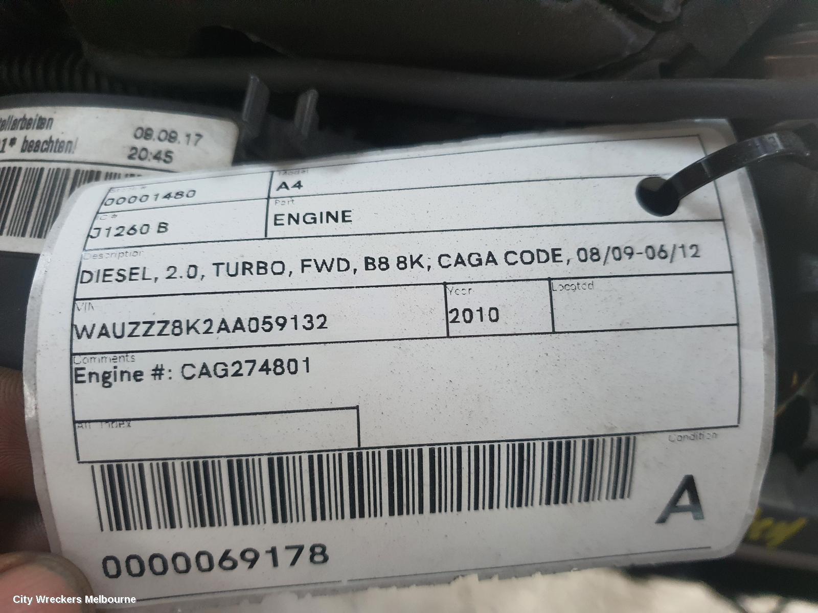 AUDI A4 ENGINE, DIESEL, 2.0, TURBO, FWD, B8 8K, CAGA CODE, 08/2009 - 06/2012 - Image 2