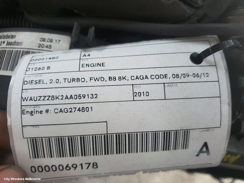 AUDI A4 ENGINE, DIESEL, 2.0, TURBO, FWD, B8 8K, CAGA CODE, 08/2009 - 06/2012 - Image 2